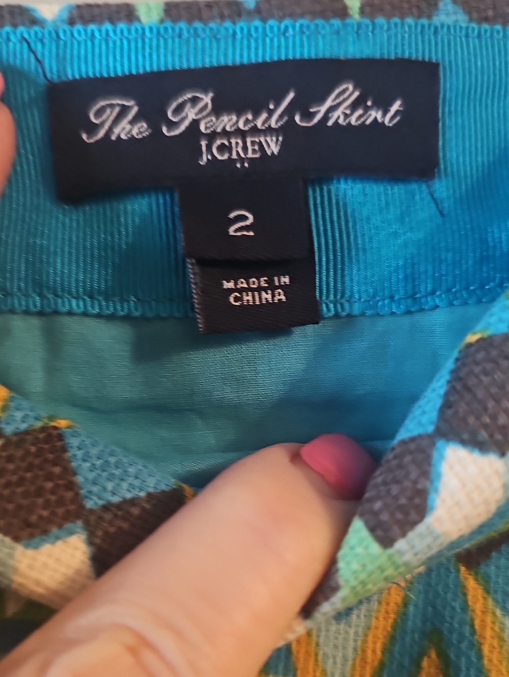 J. Crew Turquoise and Green Geometric Pencil Skirt Cotton Sz 2 WSK34 - Picture 4 of 5